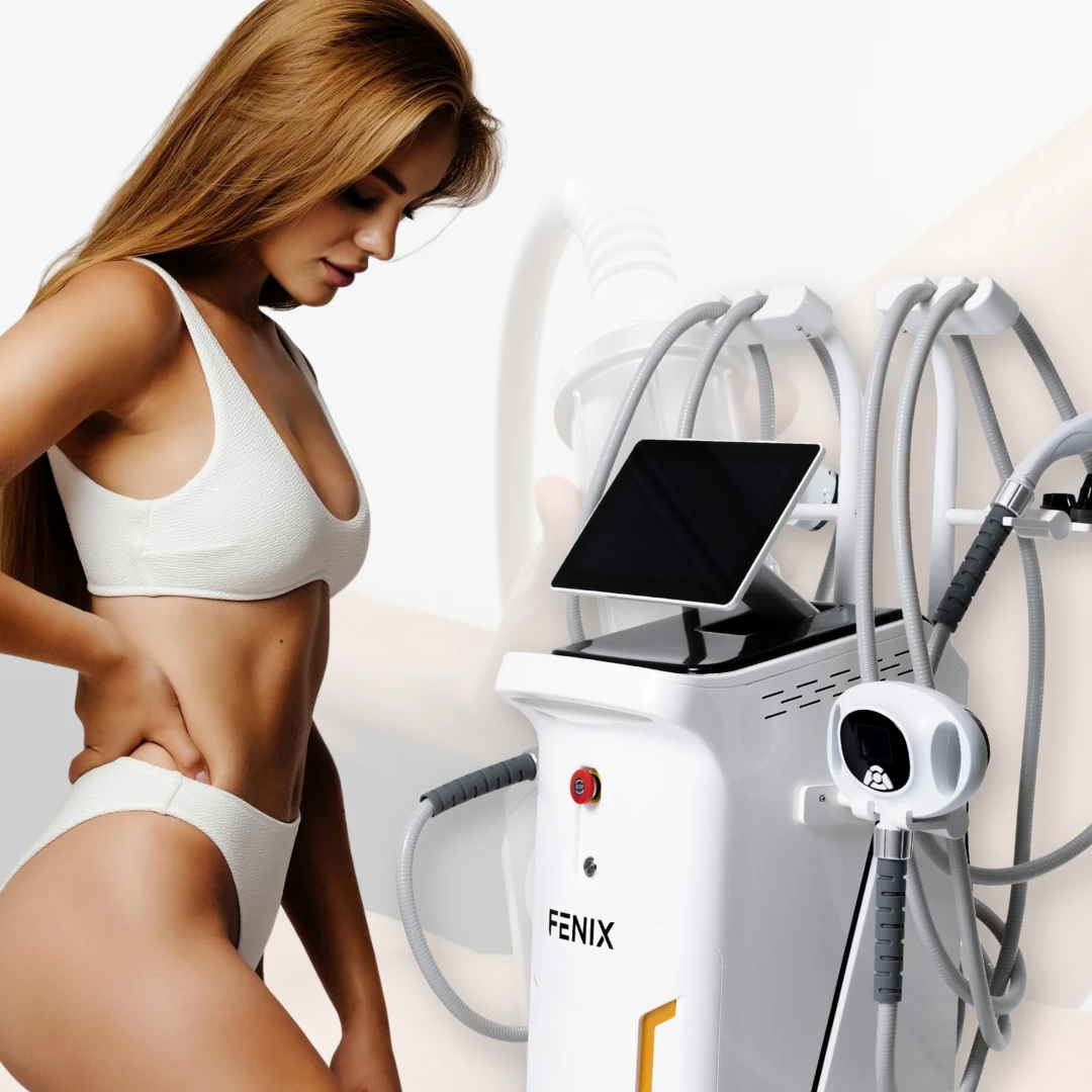 Woman beside a beauty device with treatment handpieces
